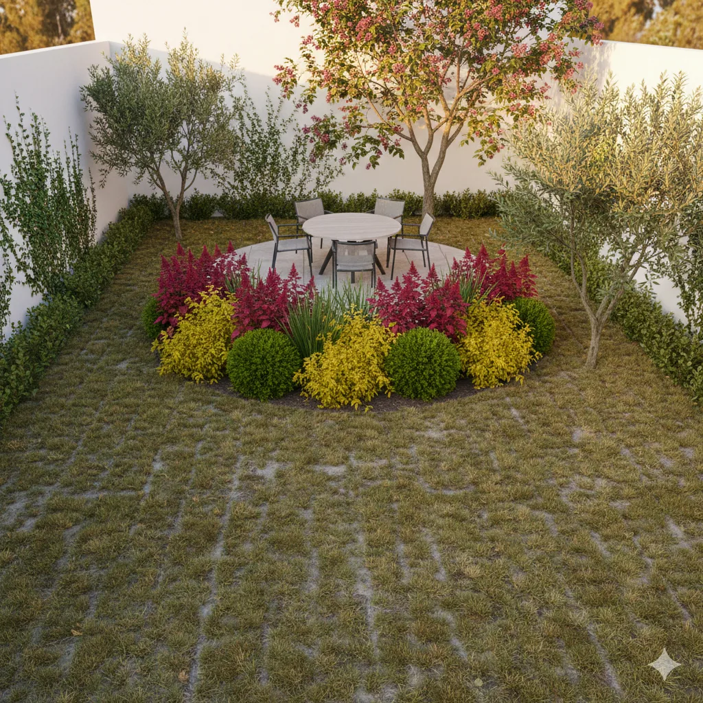 Jardín antes de instalar pasto sintético: pasto seco y amarillo